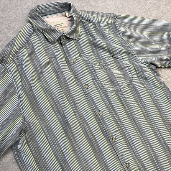 Tommy‎ Bahama Shirt Mens Medium Blue Green Striped Silk Button Up Casual Beach - Picture 1 of 9